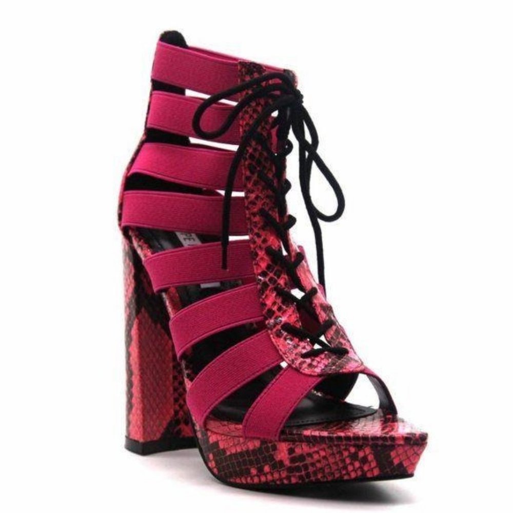 Pink Snakeskin Platform Lace Up Heels - Picture 5 of 5